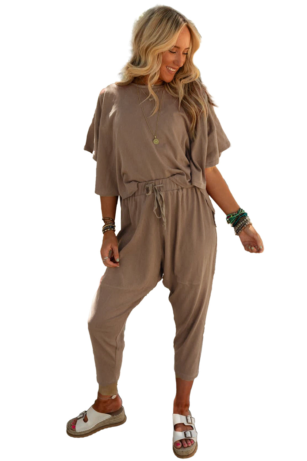 Taupe Batwing Sleeve High Low Tee and Drawstring Crop Pants Set - Eloy Royal