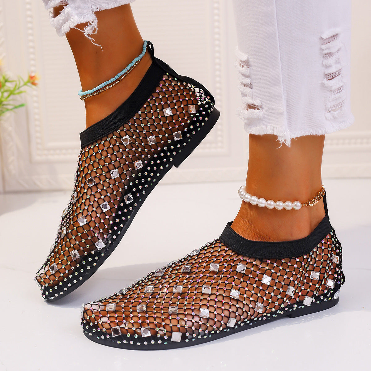 Fashion Mesh Flat Sandals With Colorful Rhinestone Design Summer New Round Toe Beach Shoes For Women - Eloy Royal