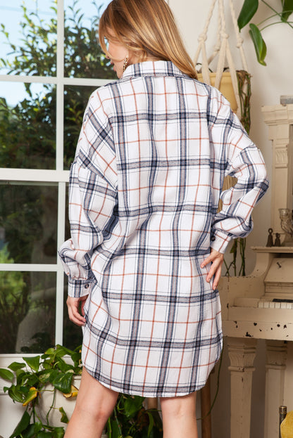 White Plaid Slits Bishop Sleeve Oversized Shacket - Eloy Royal