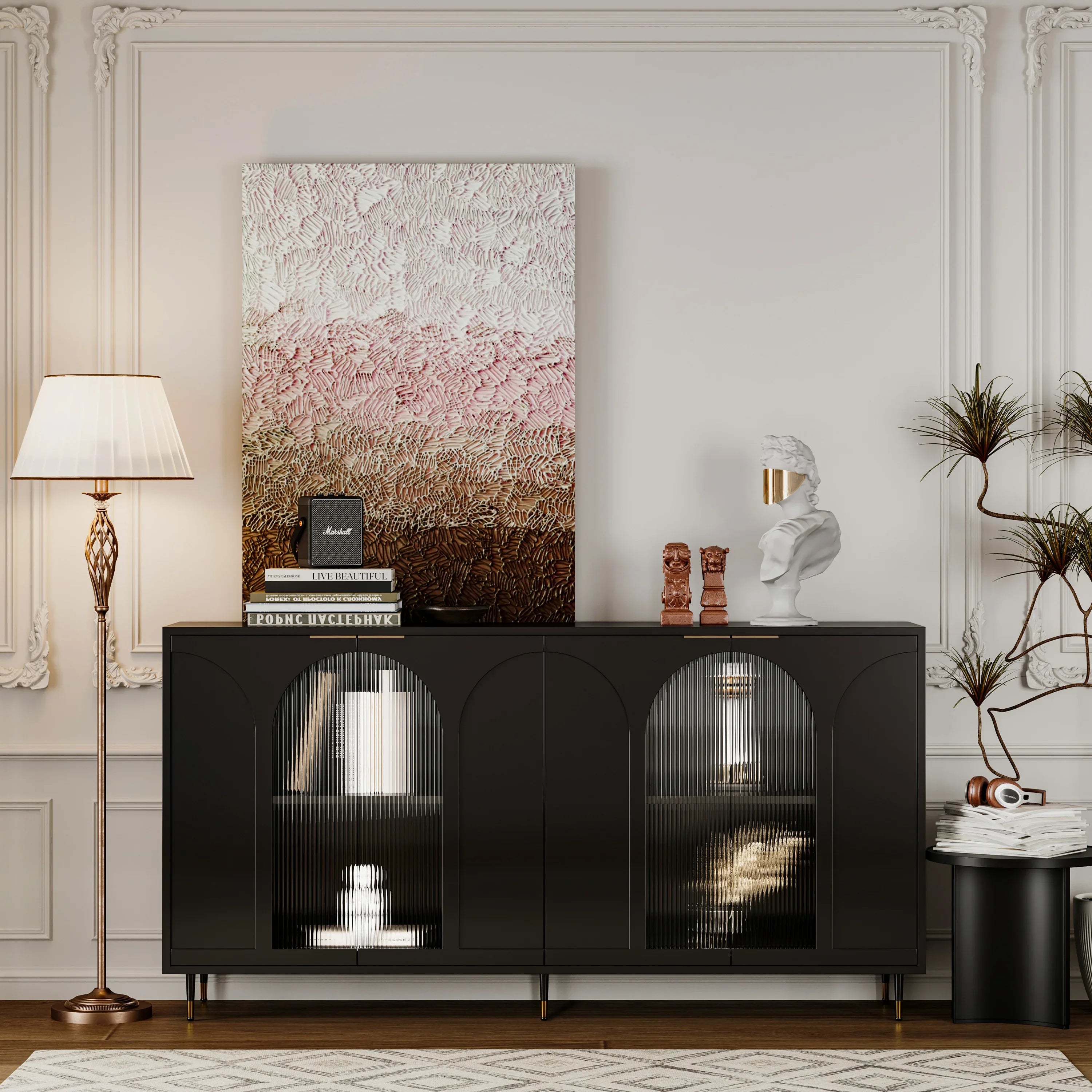 Accent Cabinet Black Lacquered Wooden Cabinet with 4 Glass Doors Sideboard Buffet Server Cabinet Storage Cabinet, for Living Room, Entryway, Hallway, Office, Kitchen and Dining Room - Eloy Royal