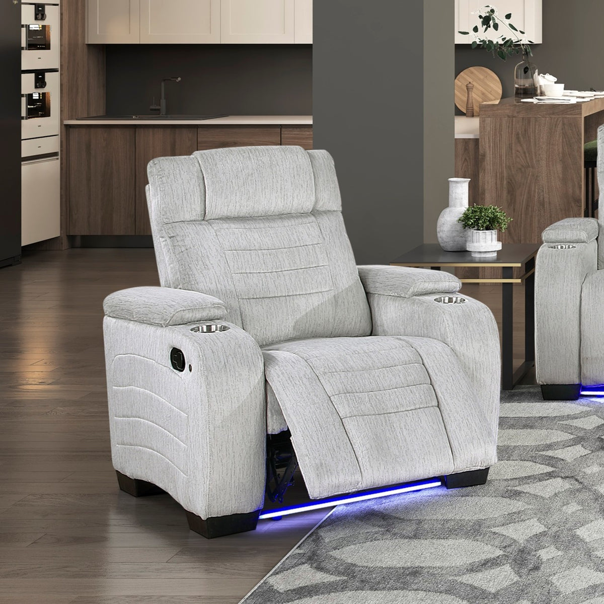 Luxury LED Light Reclining Chair with Storage Arms Cup Holders Light Gray Upholstery Furniture 1pc