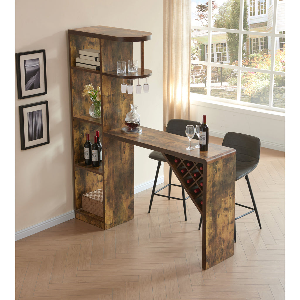 Bar table with attached wine cabinet metal wine glass rack wine bottle rack Distressed Wood color