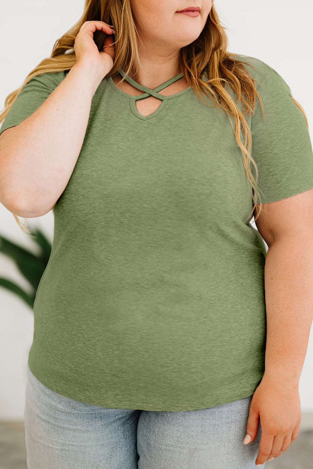 Army Green Casual Crisscross Ribbed Knit  Plus Size Tee