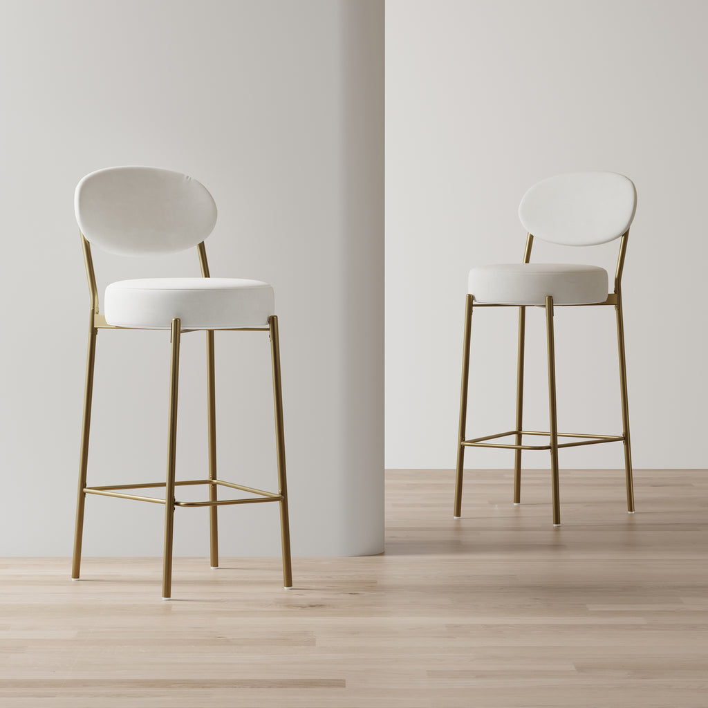 Desmond Velvet Counter Stools with Backrest, Creamy White, 29 in, Set of 2