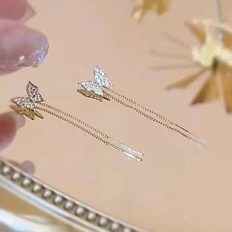 925 Silver Needle Long Tassel Butterfly Earrings