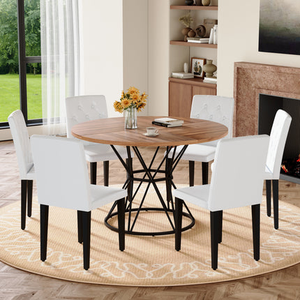 Table and chair set. A circular walnut MDF dining table with a diameter of 47.3 inches,black hourglass shaped metal brackets.Paired with 6 white PU dining chairs: ergonomic buckle backrest.