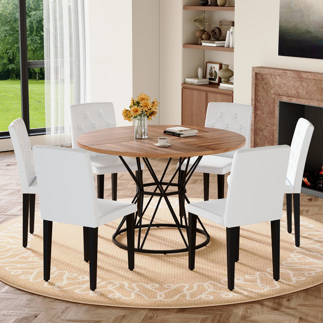Table and chair set. A circular walnut MDF dining table with a diameter of 47.3 inches,black hourglass shaped metal brackets.Paired with 6 white PU dining chairs: ergonomic buckle backrest.