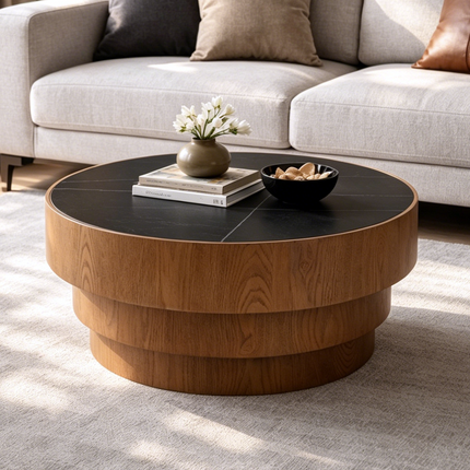 31.5' Round Coffee Table with Sintered Stone Top - MDF with Wood Veneer Tiered Base, Modern Low Profile Coffee Table for Living Room,Black
