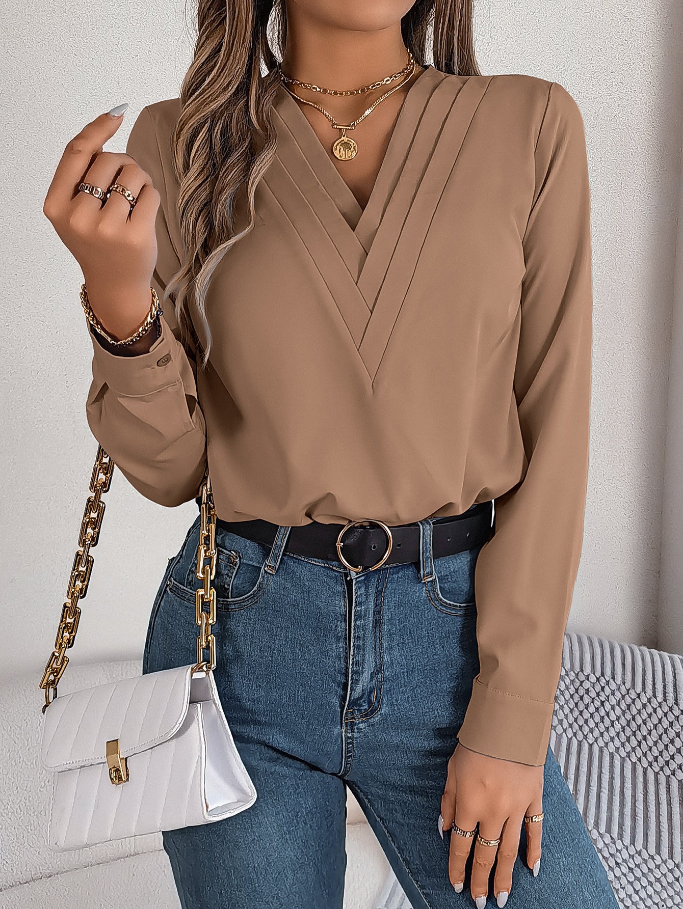 Fashion V-Neck Long Sleeve Shirt Elegant Commuter Solid Blouse Office Women's Clothing