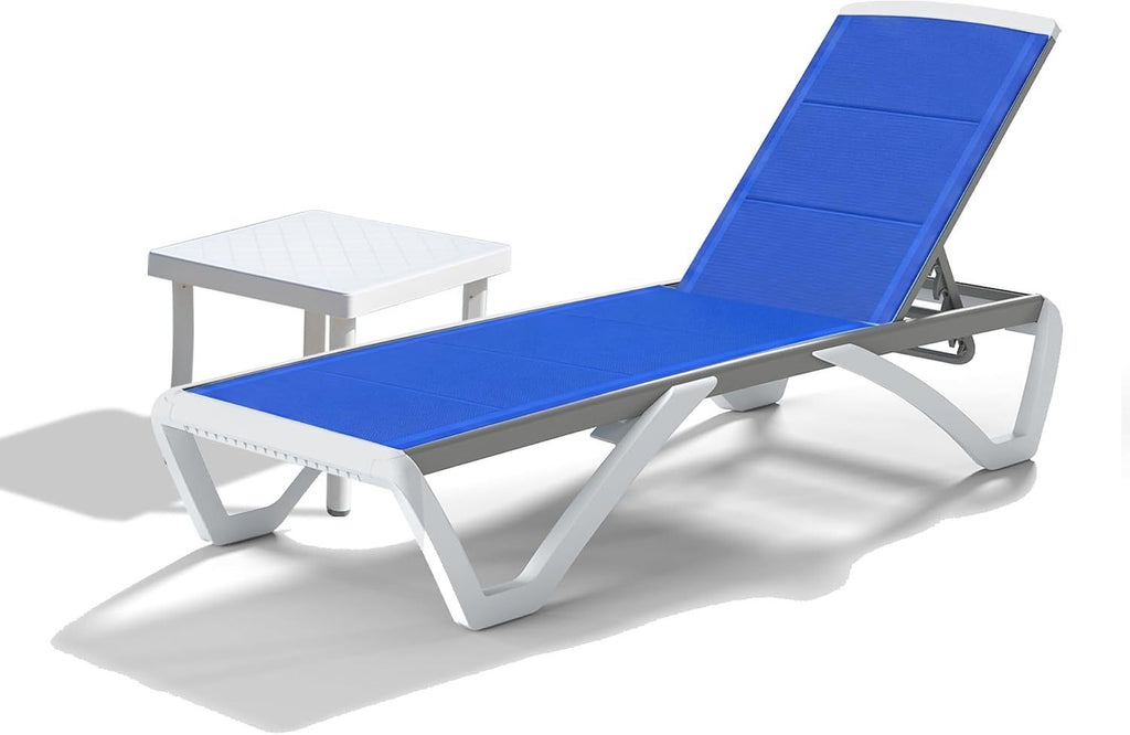 Patio Chaise Lounger Chair Outdoor, Pool Lounge Chair with Table, Blue, Double-Layer Fabric