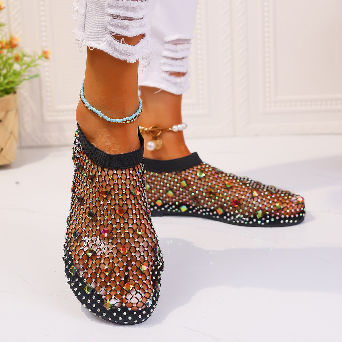 Fashion Mesh Flat Sandals With Colorful Rhinestone Design Summer New Round Toe Beach Shoes For Women - Eloy Royal