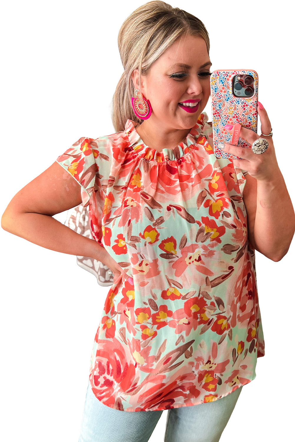 Red Plus Size Watercolor Floral Print Frill Neck Blouse - Eloy Royal