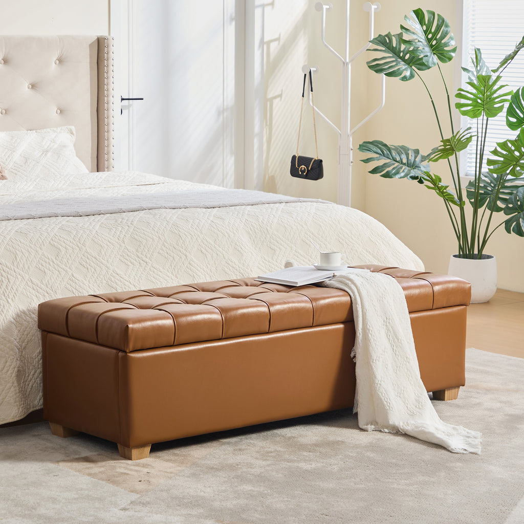 60.2'' Wide Upholstered PU Storage End of Bed Bench, Tufted Flip-Top Accent Window Bench Footrest Stool Ottoman with Legs for Living Room, Bedroom, Entryway, Dining Room, Dorm, Corner, Burnt Brown