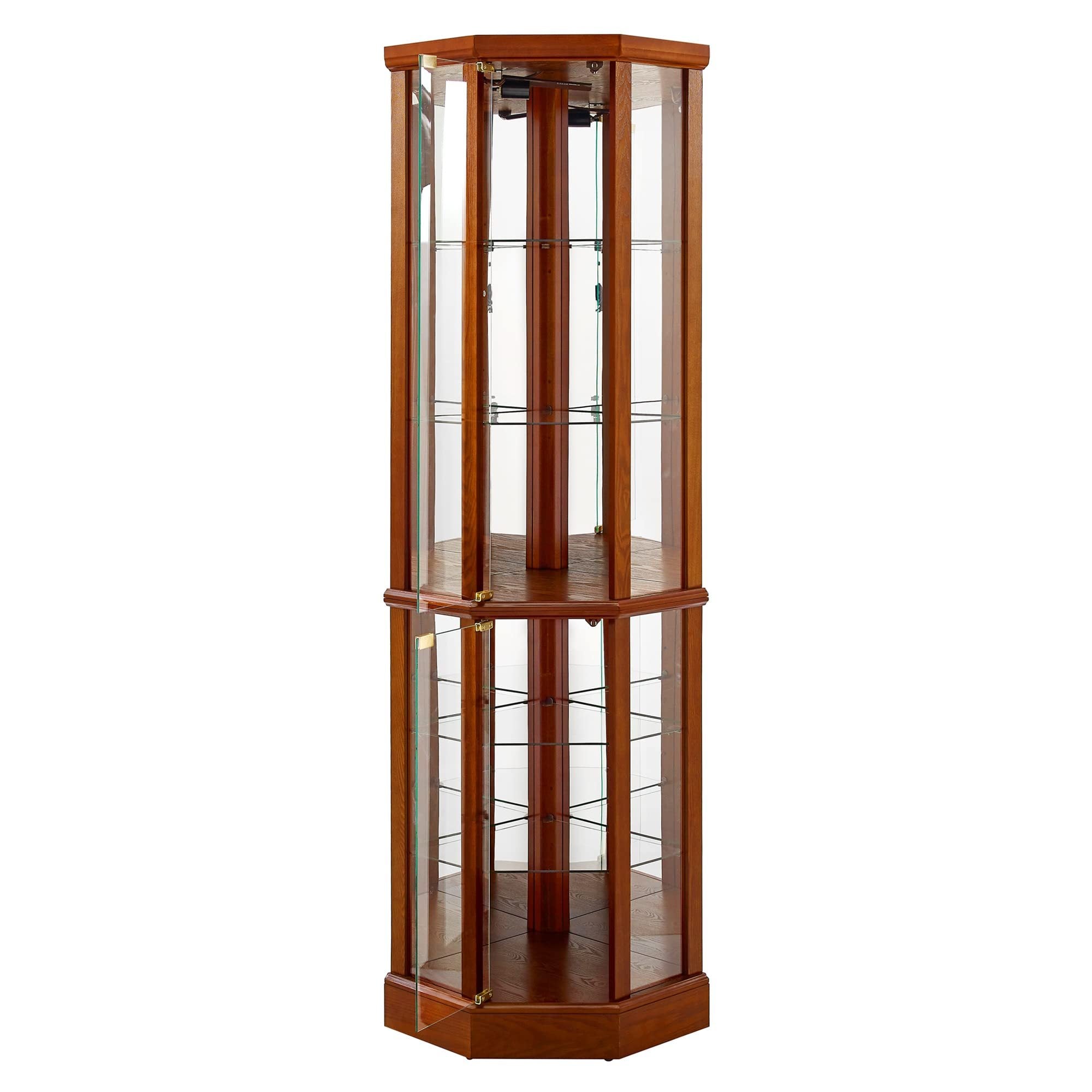 6 Shelf Lighted Corner Curio Cabinet with Adjustable Tempered Glass Shelves and Mirror Back, Oak
