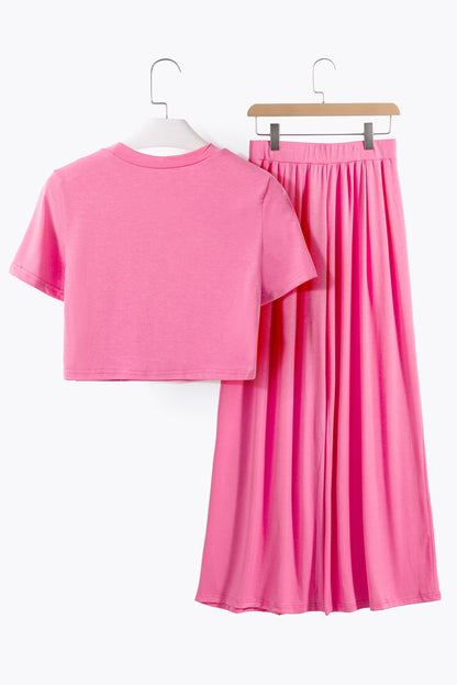 Strawberry Pink Plain Slim Fit Crop Top And Wide Leg Pants Set - Eloy Royal