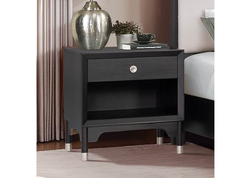 Mid-Century Modern Style 1pc Nightstand Silver Capped Legs Round Knobs USB Charging Port Black Finish Bedroom Furniture