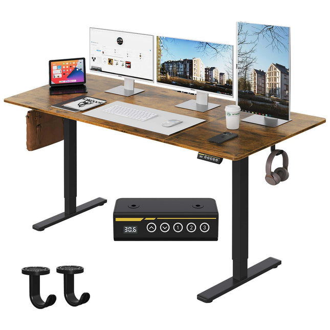63'×28' Brown Electric Height Adjustable Desk, height adjustable with 3 custom height memory presets, equipped with child lock. Ideal for home & office use, perfect as computer work desk, workstation
