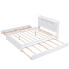 White Queen Size Wood Storage Platform Bed with LED Lights, 2 Drawers and Twin Trundle, Pine Wood+MDF