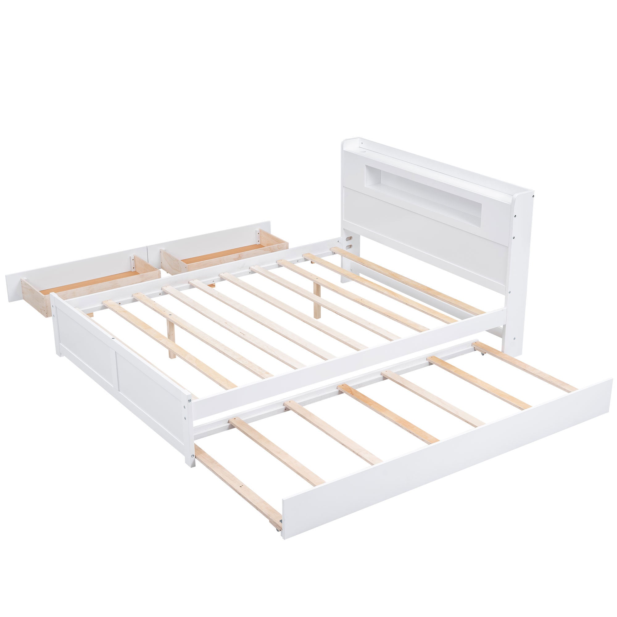 White Queen Size Wood Storage Platform Bed with LED Lights, 2 Drawers and Twin Trundle, Pine Wood+MDF