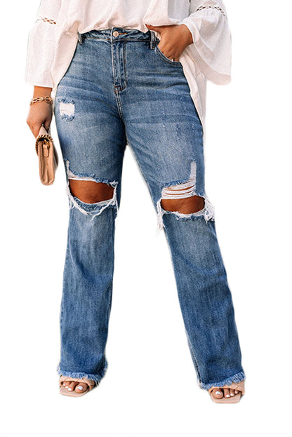 Wholesale Blue Dark Wash Raw Hem High Waisted Plus Size Ripped Jeans - Eloy Royal