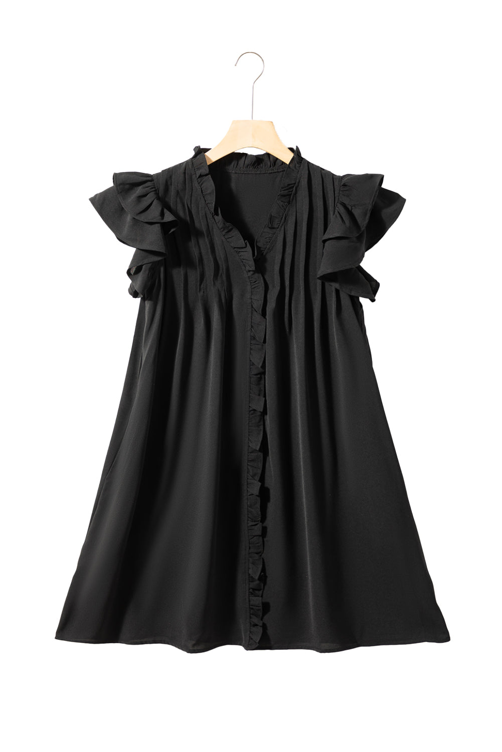 Black Ruffle Sleeve V Neck Frilled Shift Dress - Eloy Royal