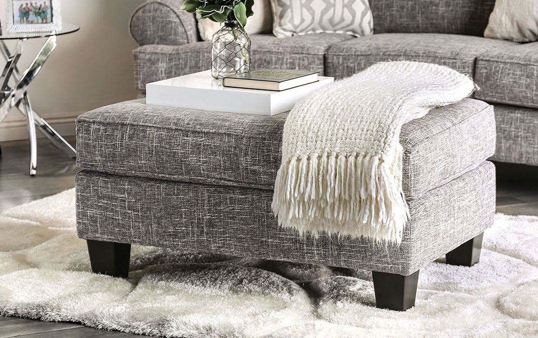 Transitional Style Upholstery Ottoman Gray Finish Conversational Design Box Cushion Tapered Legs