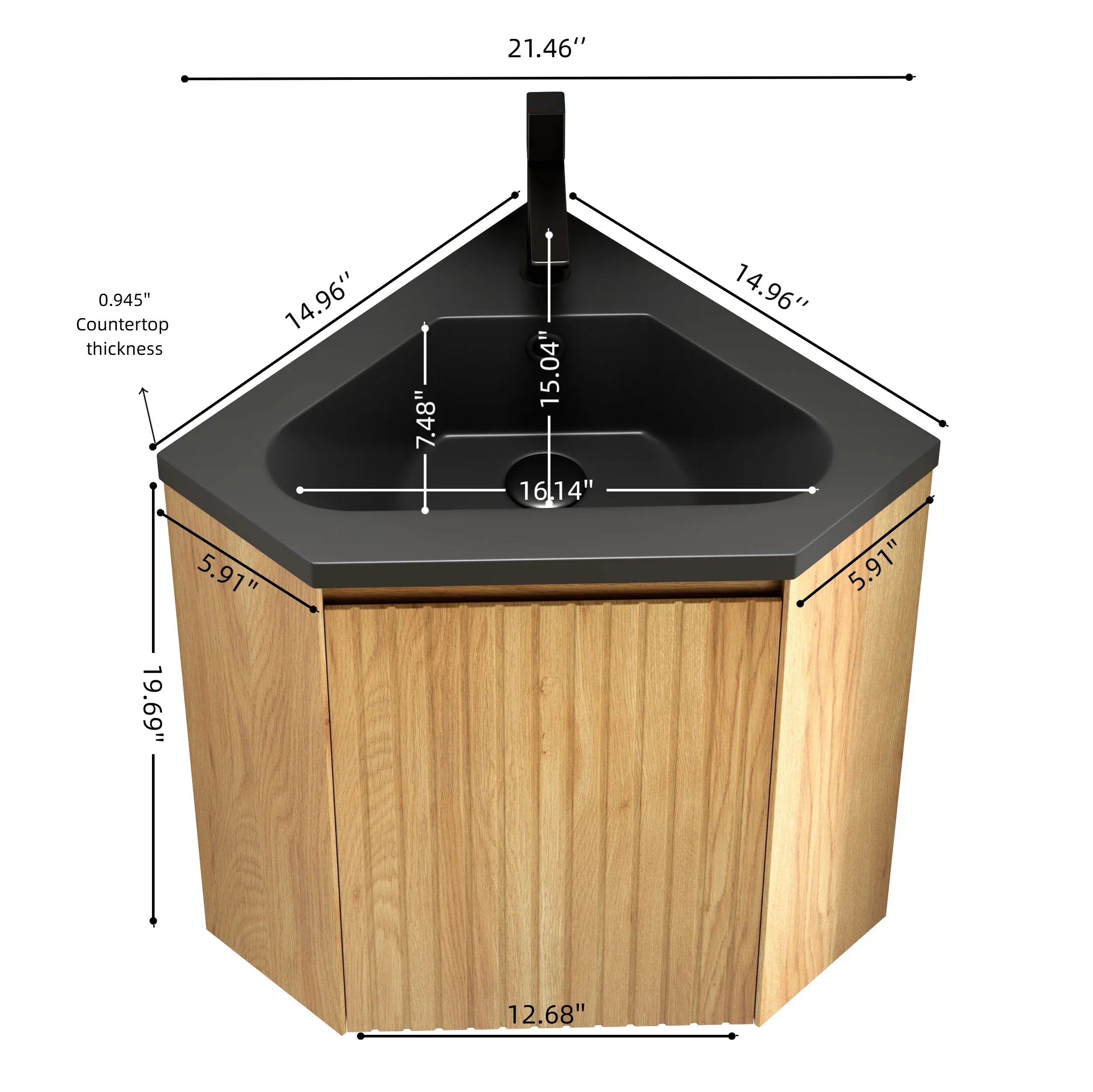 ZURI 30' Bathroom Vanity&Sink, Wall-Mounted Floating Triangular Striped Plywood Storage Cabinet with One Door, Black Integrated Resin Basin, Suitable for Corner, Preassembled, Natural Woodgrain Color - Eloy Royal