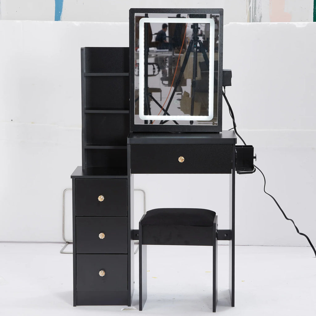 29.2' Small Size Left Bedside Cabinet Vanity Table + Cushioned Stool, 2 AC+2 USB Power Station, Hair dryer bracket, Extra Large Touch Control Sliding LED Mirror, Tri-color Switching, Brightness Adjust - Eloy Royal