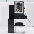 29.2' Small Size Left Bedside Cabinet Vanity Table + Cushioned Stool, 2 AC+2 USB Power Station, Hair dryer bracket, Extra Large Touch Control Sliding LED Mirror, Tri-color Switching, Brightness Adjust - Eloy Royal