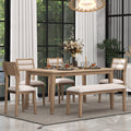 TREXM Classic and Traditional Style 6-Piece Dining Set with Natural Wood Wash Finish, Upholstered Chairs and Bench, Solid Rubber Wood Frame