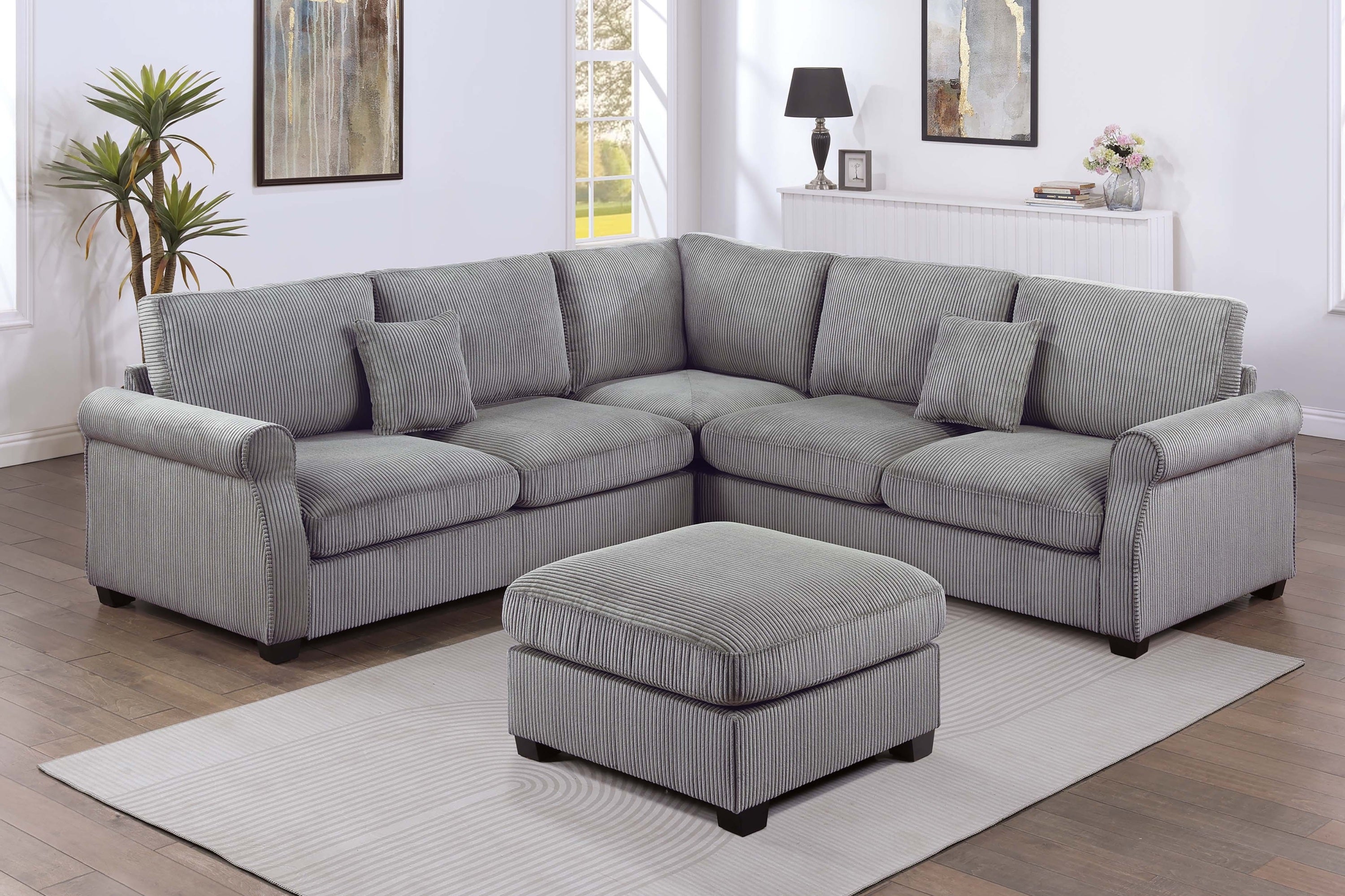 4pc Sectional Set Matching Pillow Cocktail Ottoman Corner Wedge Right And Left Arm Loveseat Corduroy Upholstered Fog Finish Primary Living Room