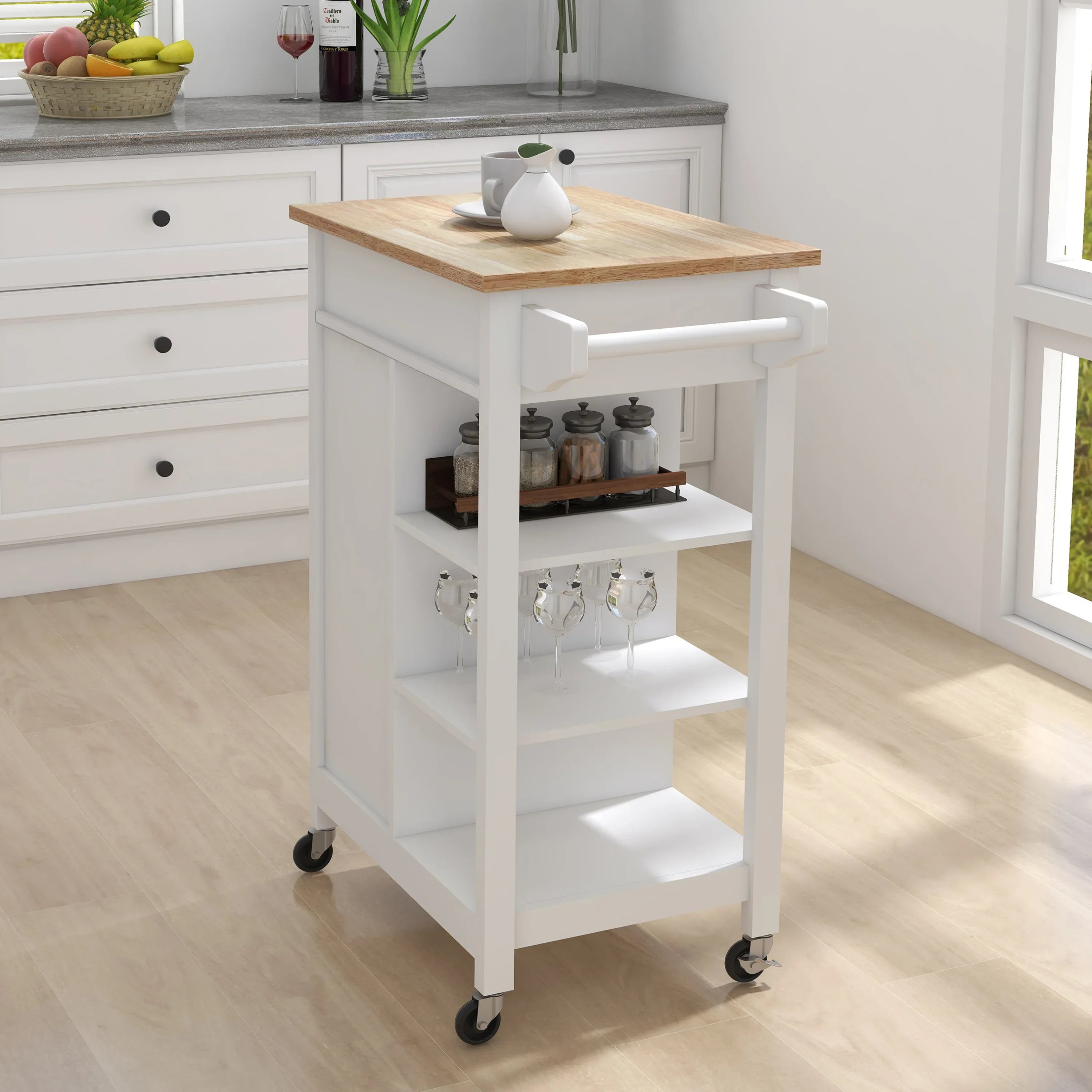 Kitchen island rolling trolley cart with Adjustable Shelves and towel rack rubber wood table top - Eloy Royal