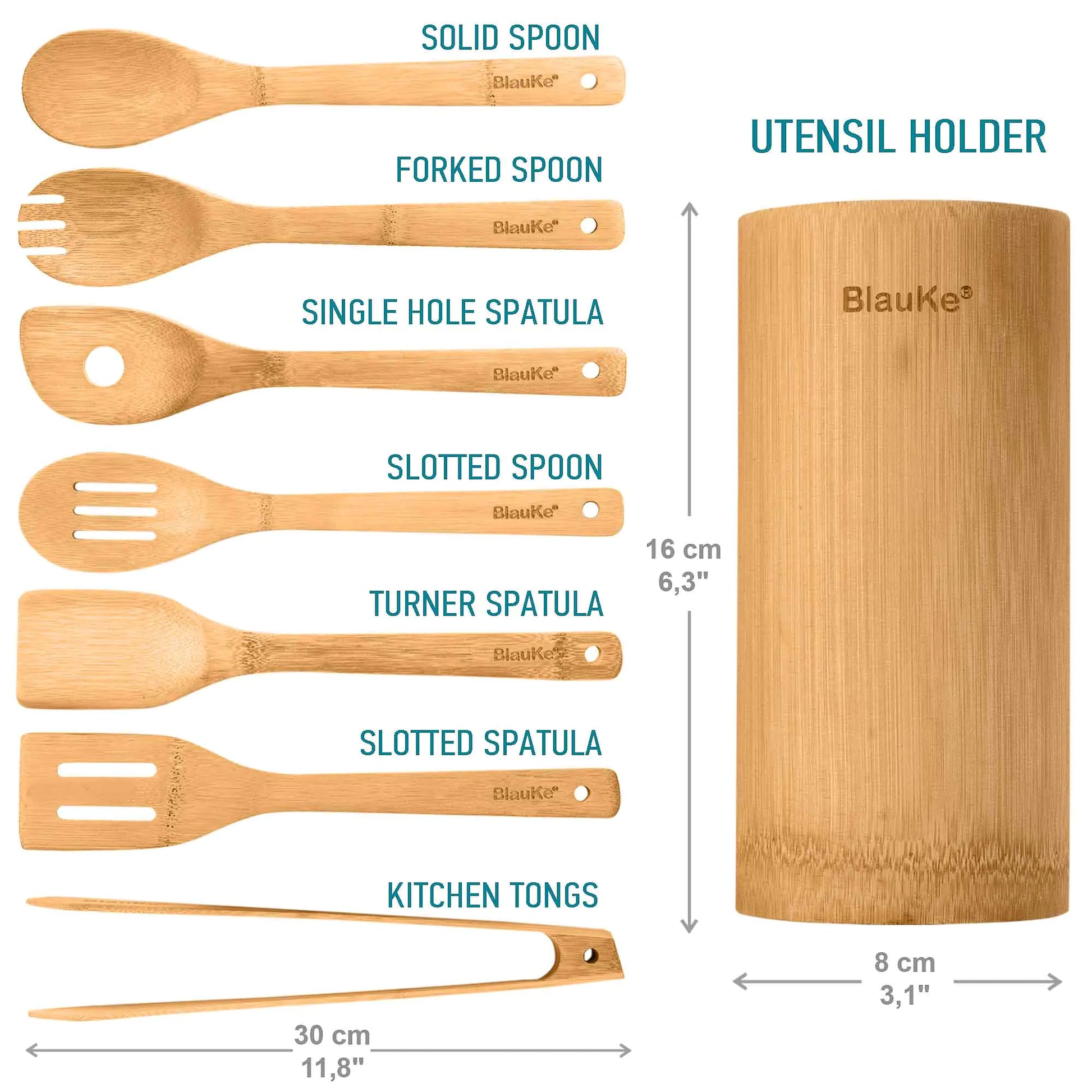 Bamboo Kitchen Utensils Set 8-Pack - Wooden Cooking Utensils for Nonstick Cookware - Wooden Cooking Spoons, Spatulas, Turner, Tongs, Utensil Holder - Eloy Royal