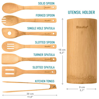 Bamboo Kitchen Utensils Set 8-Pack - Wooden Cooking Utensils for Nonstick Cookware - Wooden Cooking Spoons, Spatulas, Turner, Tongs, Utensil Holder - Eloy Royal