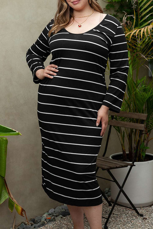 Black Plus Size Striped Loose Shift Maxi Dress