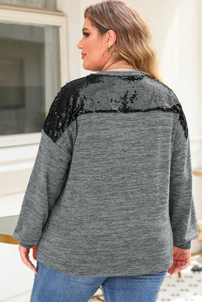 Wholesale Gray Sequin Patchwork Long Sleeve Plus Size Top - Eloy Royal