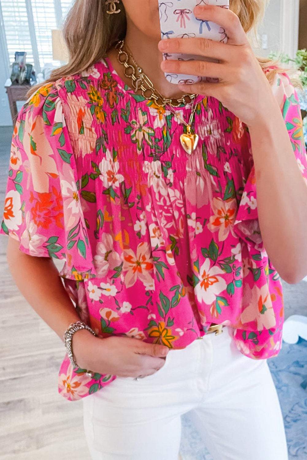 Pink Floral Print Flounce Sleeve Smocked Blouse - Eloy Royal