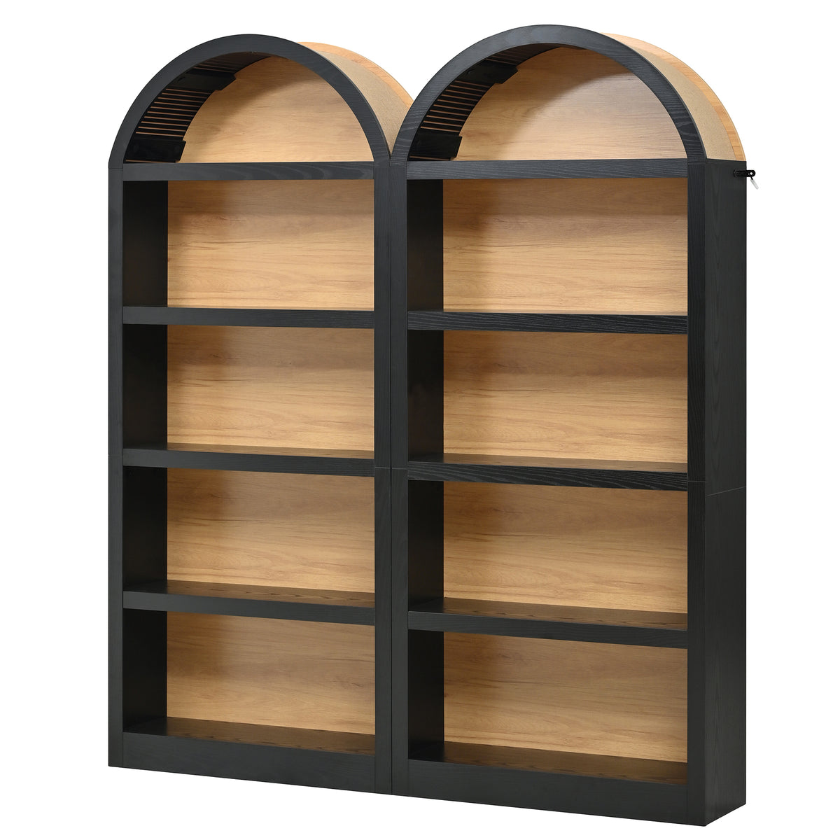 Freestanding Tall Bookshelves Set of 2, Farmhouse Two-Tone Open Storage Cabinet with Fabric Arched Top, 5-Tier Display Bookcase for Living Room, Bedroom, Home Office, Black+Natural