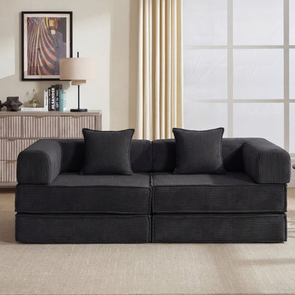 78' Convertible Sofa Bed, Modular Corduroy Couch with 2 Pillows, Space-Saving Compressed Floor Sofa, Ideal for Living Room, Bedroom, Apartment,Black.