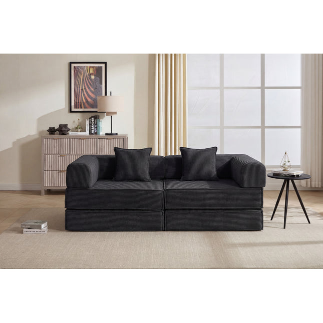 78' Convertible Sofa Bed, Modular Corduroy Couch with 2 Pillows, Space-Saving Compressed Floor Sofa, Ideal for Living Room, Bedroom, Apartment,Black.