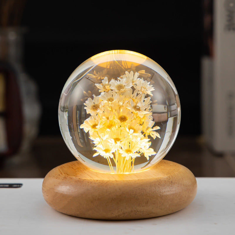 LED Night Light Flower Crystal Ball Children Night Lamp With Woodern Base Bedroom Ambient Light Creative Gift Night Light - Eloy Royal