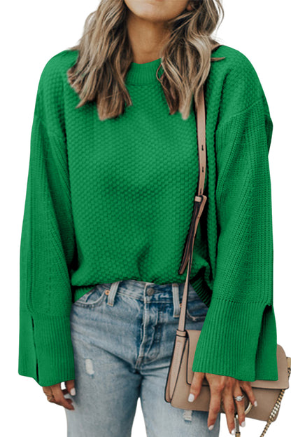 Dark Green Textured Knit Split Cuff Drop Shoulder Loose Sweater