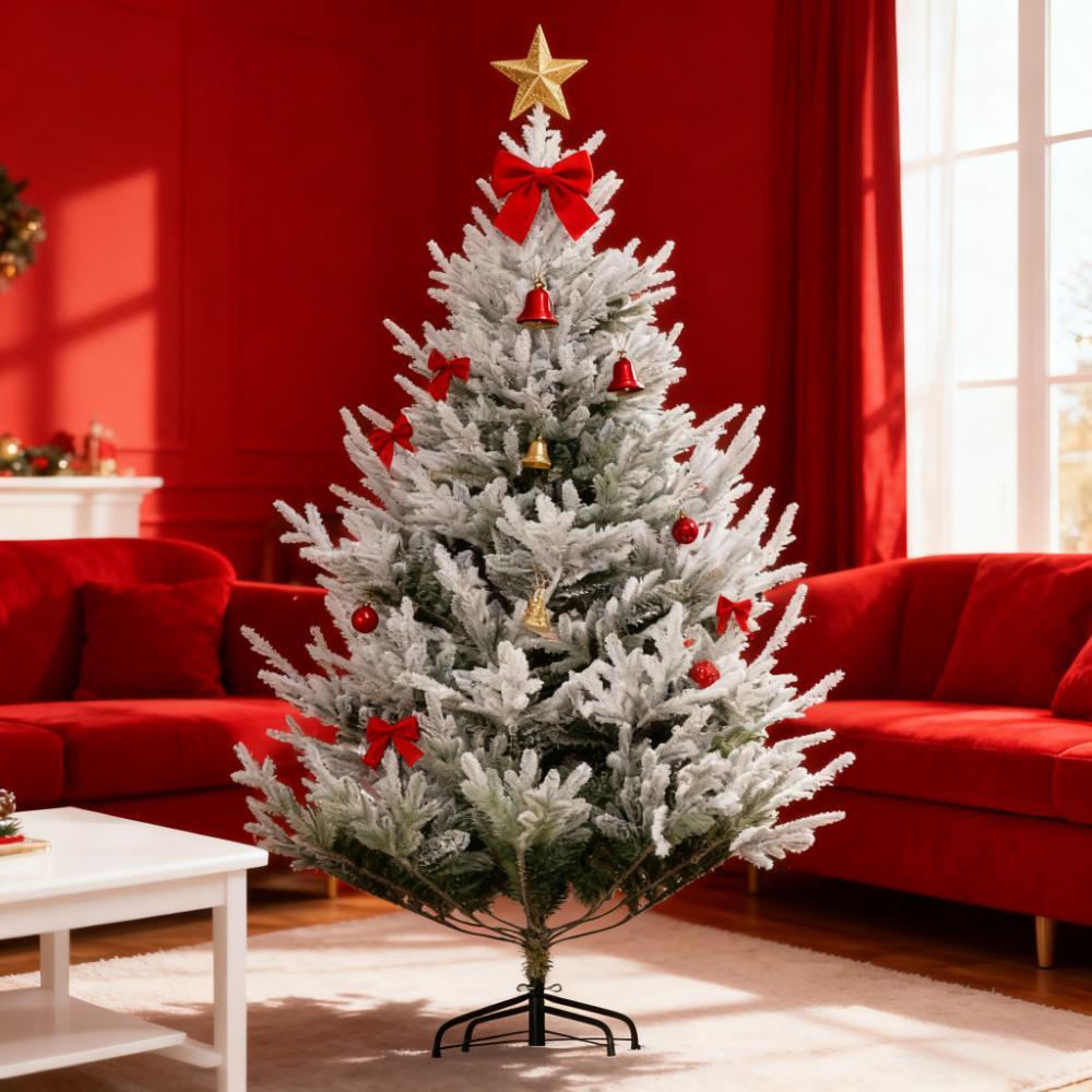 Flocked Hinged Xmas Tree, Artificial Christmas Tree with 795 Tips, Steel Base, Auto Open