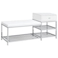 Yesler White High Gloss 1-Drawer Storage Bench with Chrome Frame and Leatherette Seat in Glossy White Engineered Wood