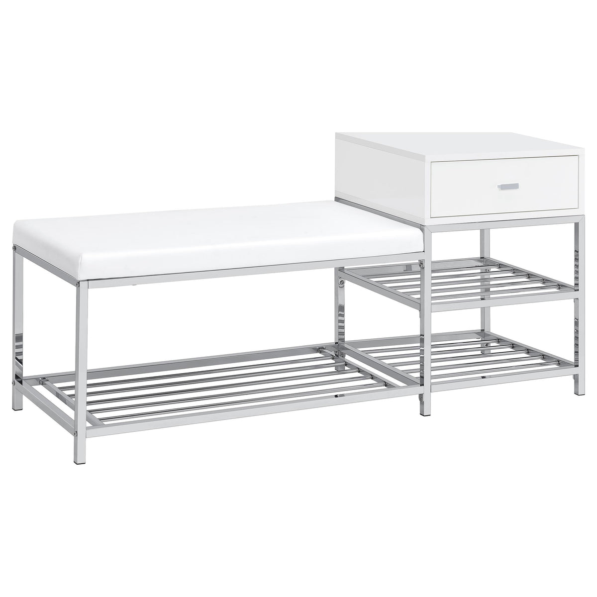 Yesler White High Gloss 1-Drawer Storage Bench with Chrome Frame and Leatherette Seat in Glossy White Engineered Wood
