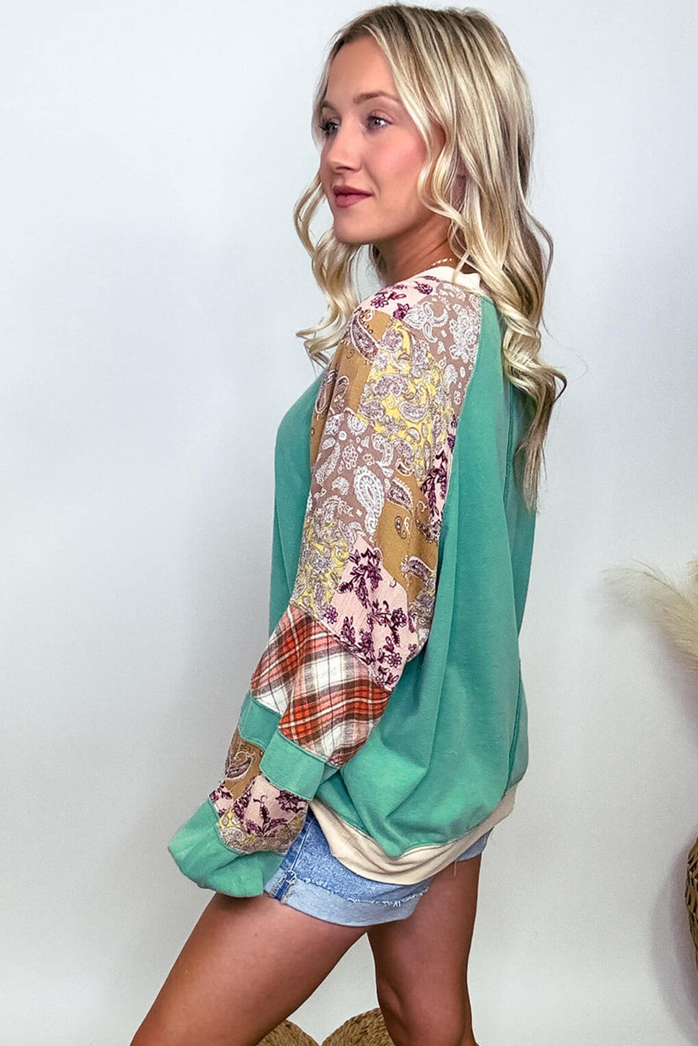 Sky Blue Plaid Floral Patchwork Raglan Sleeve Plus Size Sweatshirt