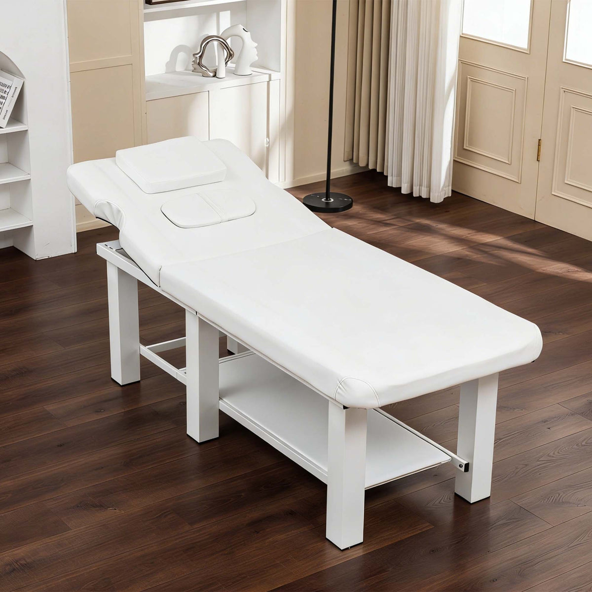 Adjustable Massage Table 0-15° Reclining, High-Resiliency Waterproof Cushion with Detachable Headrest, Bottom Storage, Heavy-Duty Steel Frame, 330 lbs Capacity – White for Spa, Salon, Tattoo, Medical