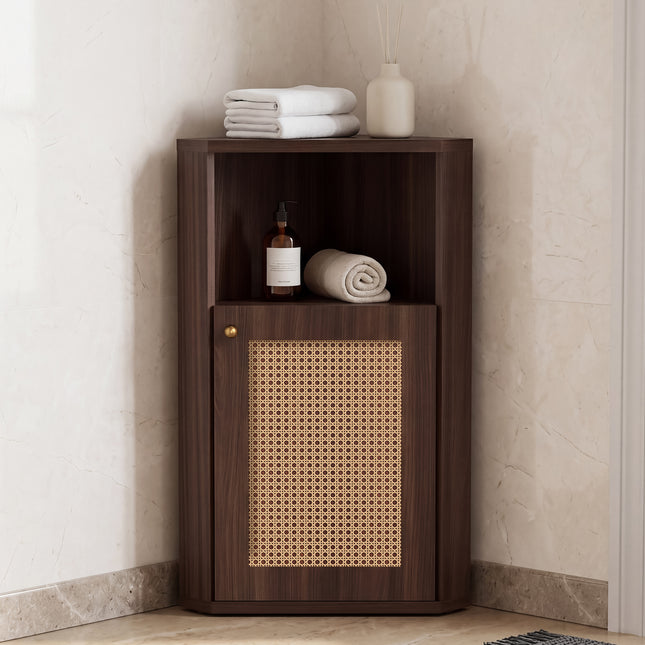 OMCHOM Bathroom Corner Storage Cabinet, Farmhouse Floor Corner Cabinet with Rattan Barn Door and Adjustable Shelf, Narrow Cabinet Organizer for Bathroom, Living Room, Kitchen