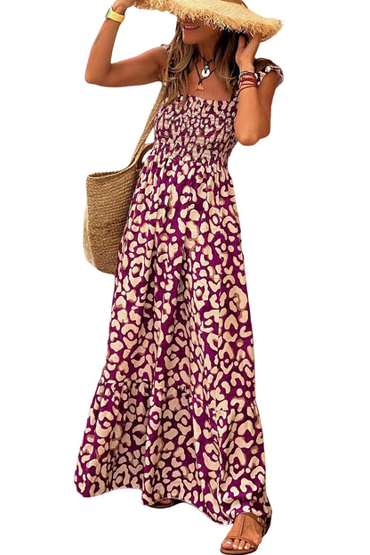 Rose Leopard Ruffle Straps Smocked High Waist Maxi Dress - Eloy Royal