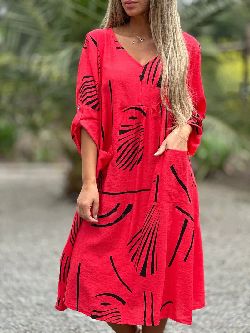 Fashion Printed V Neck Long Sleeve Dress Casual Loose Straight Dress Women's Clothing